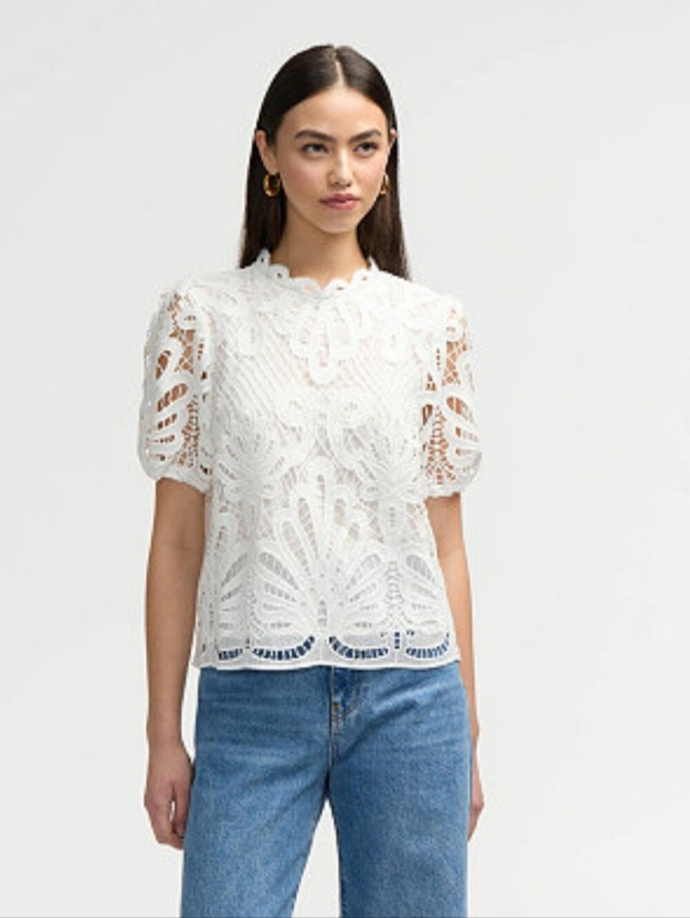 NVLT Lace Crochet Short Sleeve Top in White Size M - NWT